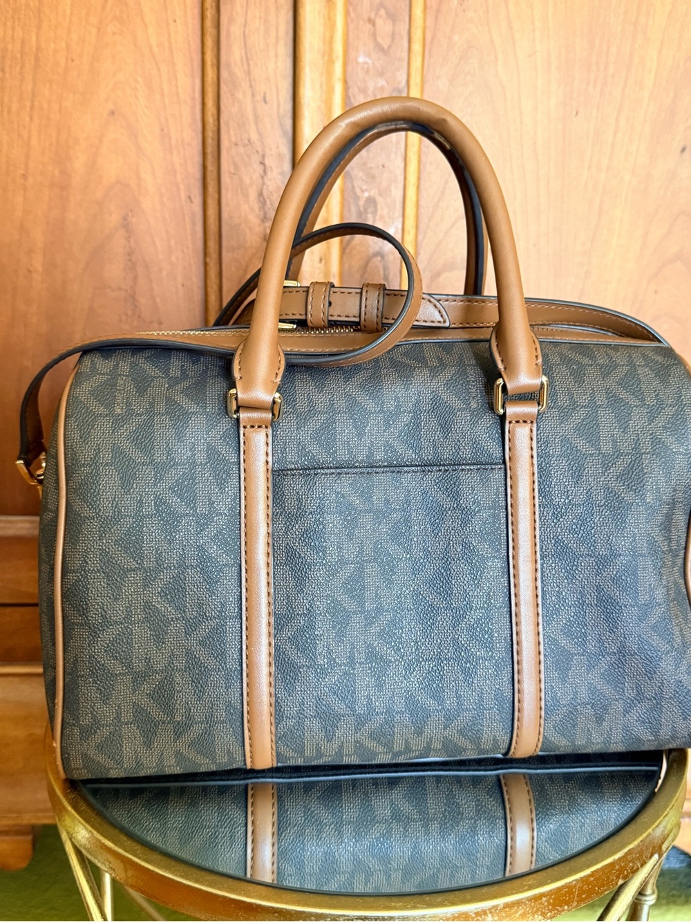 Michael Kors Brown satchel with tan and cream center stripes - Picture 4 of 6